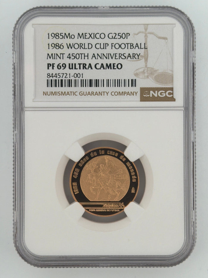 1985-Mo Mexico 250 Pesos 1986 World Cup / Mint 450th Anniversary NGC PF 69 Ultra Cameo