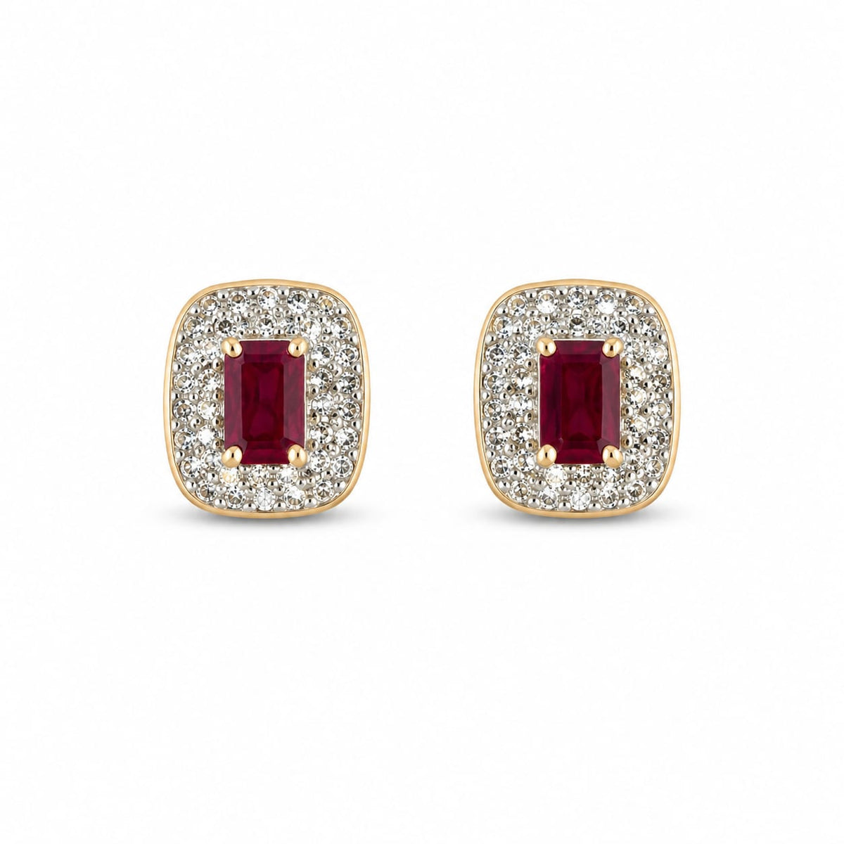 14K Gold Ruby and Diamond Halo Earrings, 1ct Ruby and 1ct Diamonds