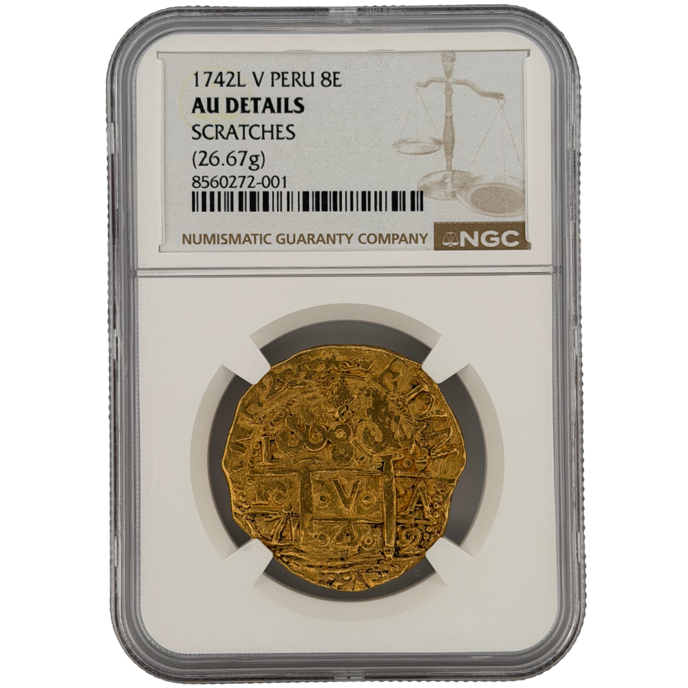 1742 Lima Mint Peru 8 Escudos Gold Cob NGC AU Details (26.67g)