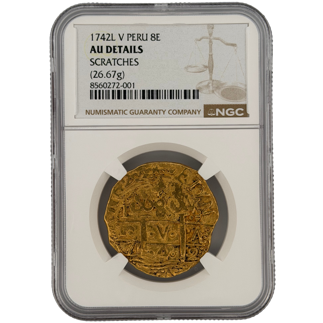 1742 Lima Mint Peru 8 Escudos Gold Cob NGC AU Details (26.67g)